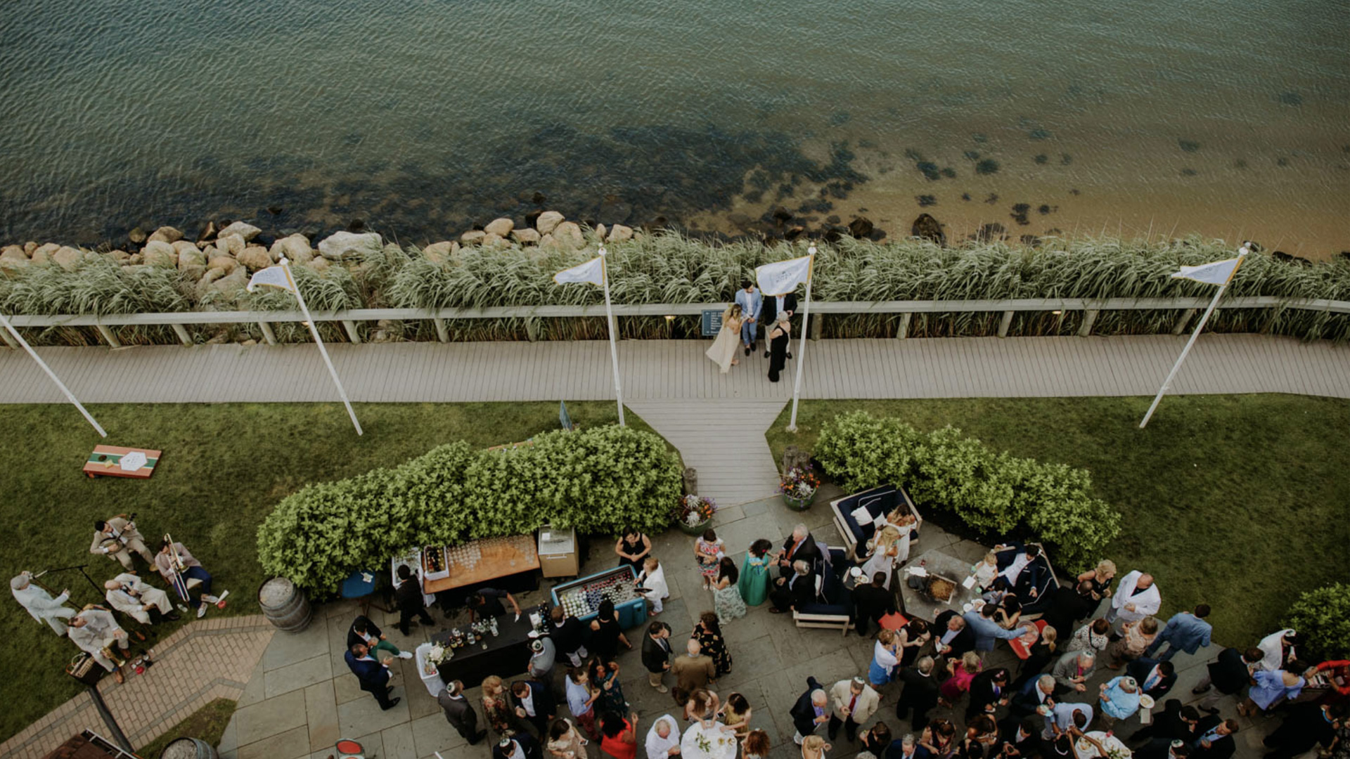 wedding reception in front of waterfront